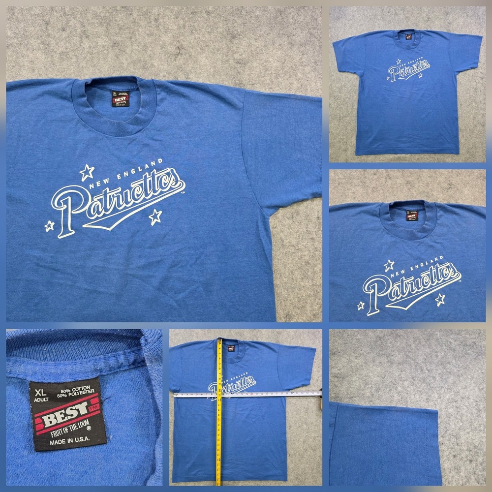 Vintage New England‎ Patriettes Shirt Mens XL Blue Graphic Fruit Of The Loom 90s